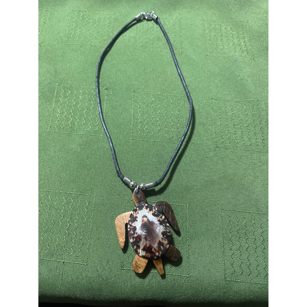 Handmade Wood and Shell Sea Turtle Pendant Necklace Black Cord Beach Jewelry